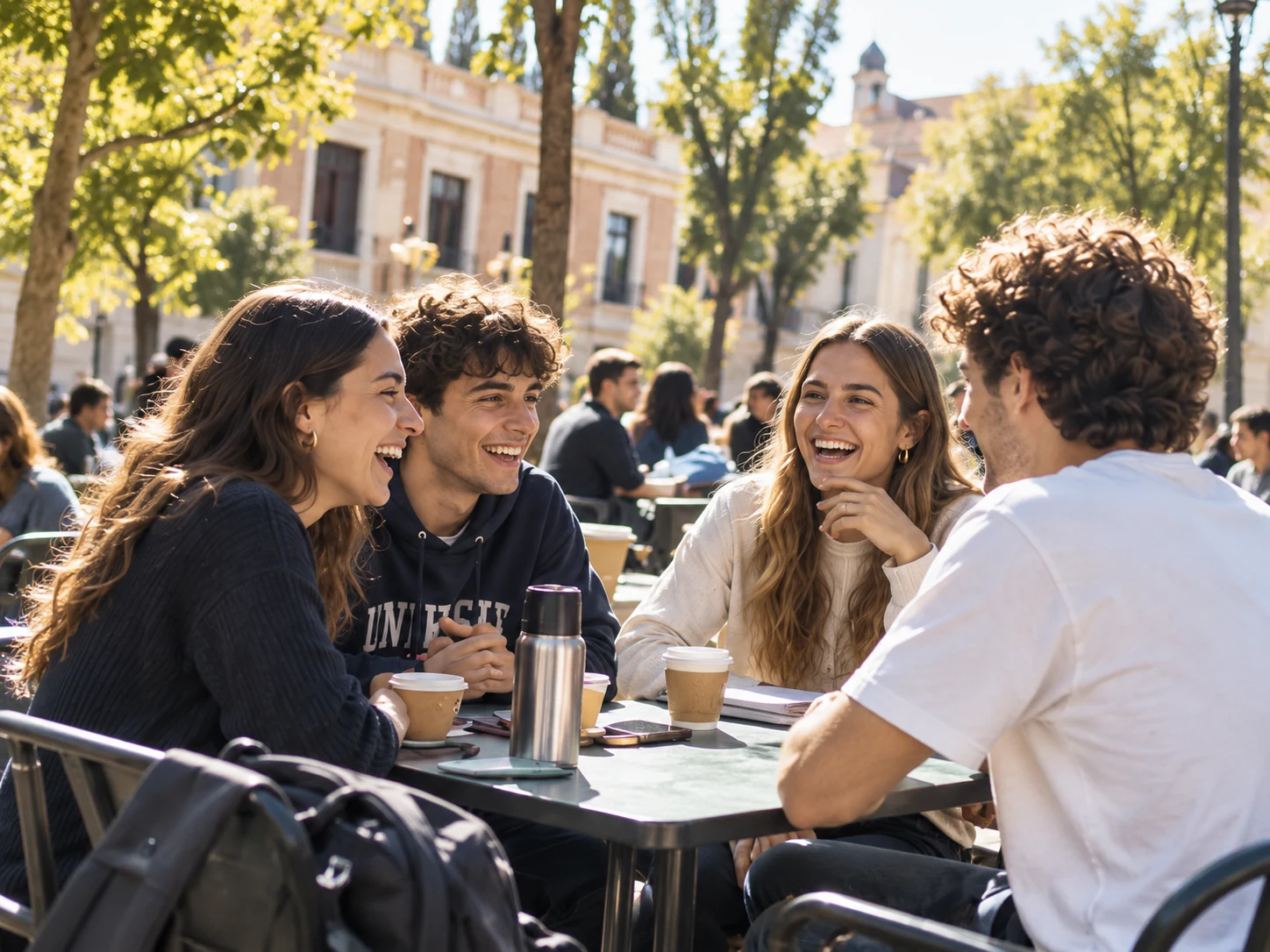 Cuatro estudiantes charlan y se ríen en una terraza de su campus.