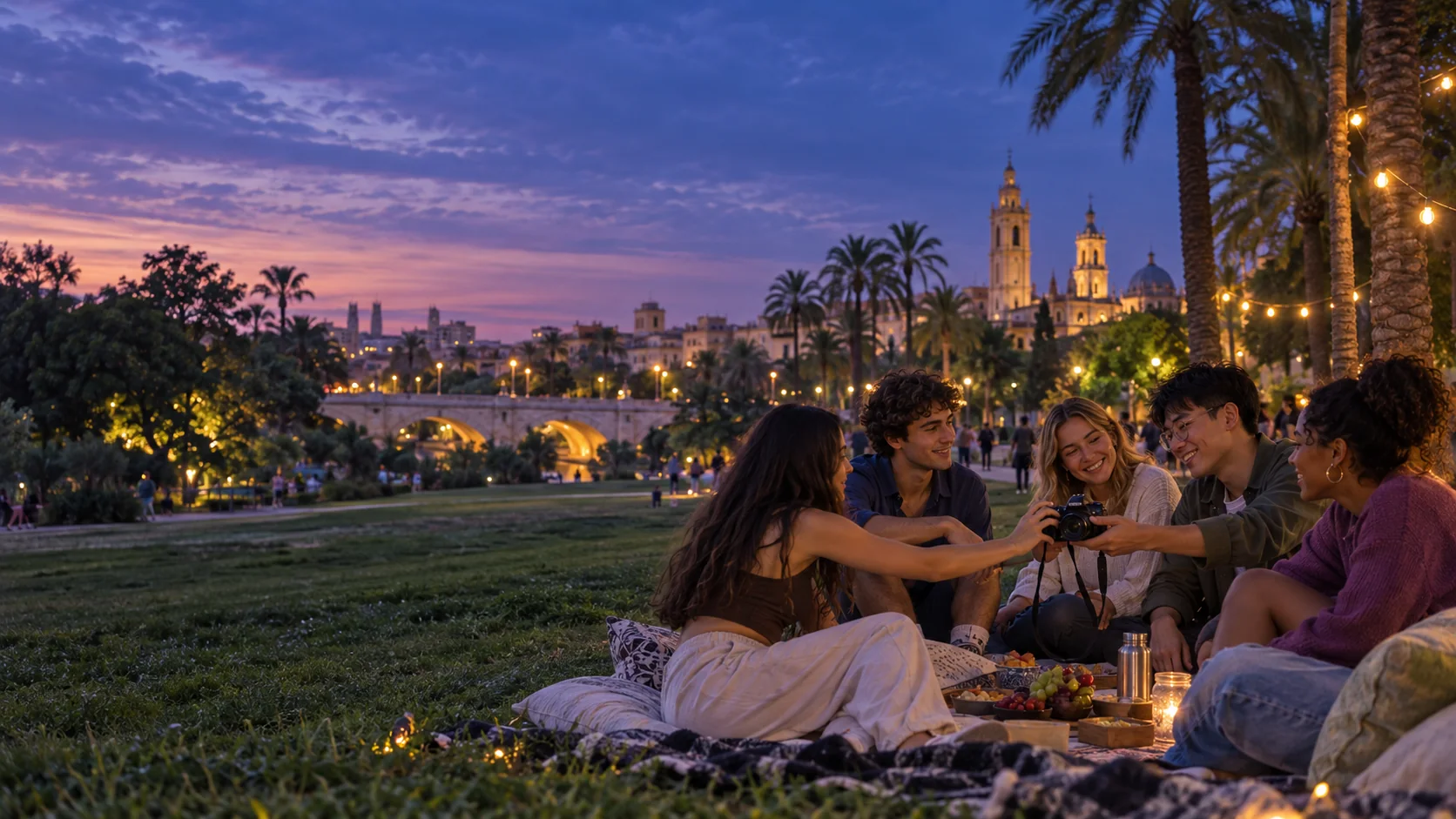 Un grupo de estudiantes conversa al anochecer en una plaza de Valencia.